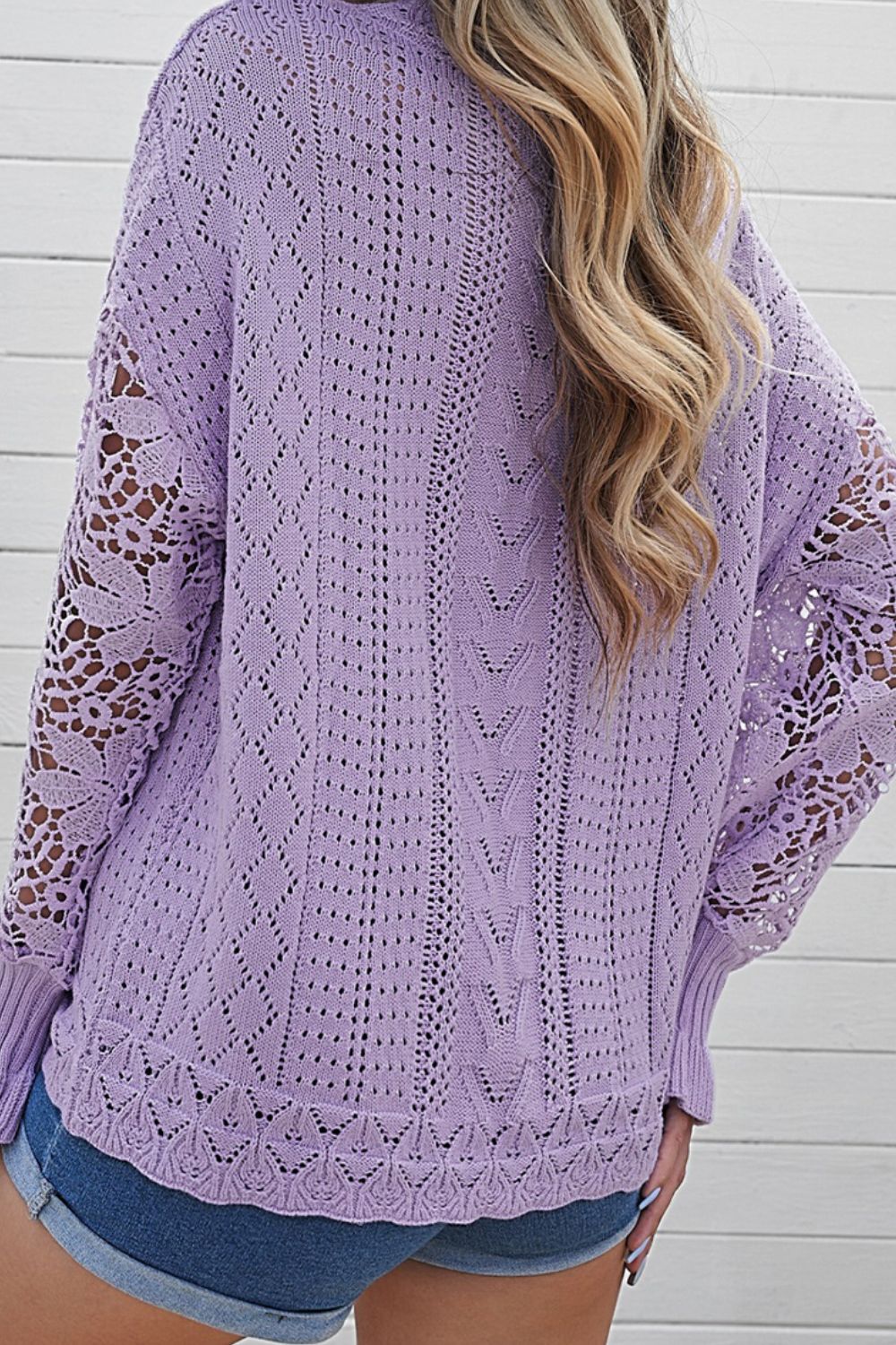 LIZAKOSHT  -  Openwork Round Neck Long Sleeve Sweater