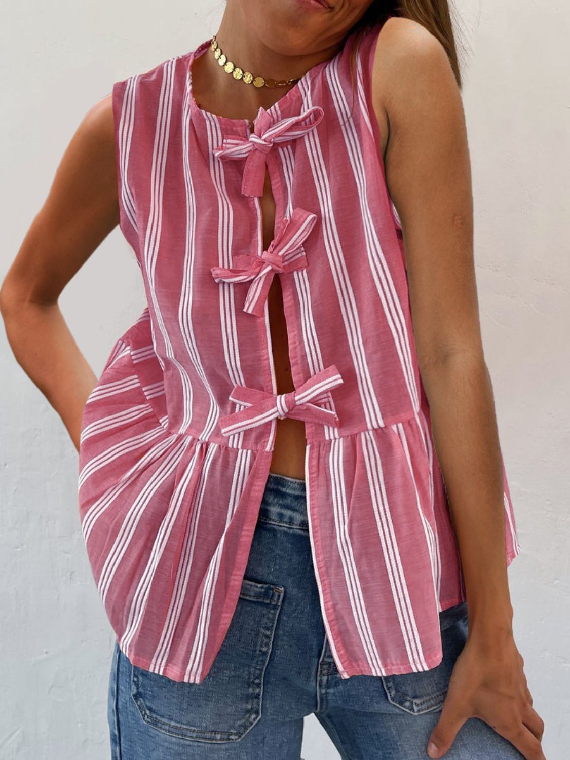 LIZAKOSHT  -  Tied Striped Round Neck Tank