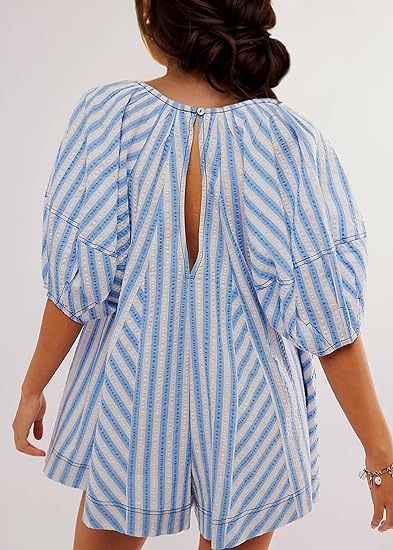 LIZAKOSHT  -  Womens Striped Romper Casual Loose Puff Sleeve Wide Leg Jumpsuit Overall with Pockets