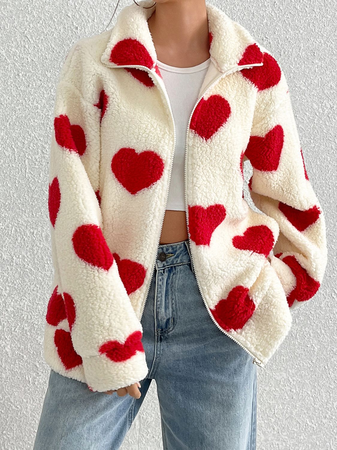 LIZAKOSHT  -  Heart Zip Up Drop Shoulder Furry Jacket