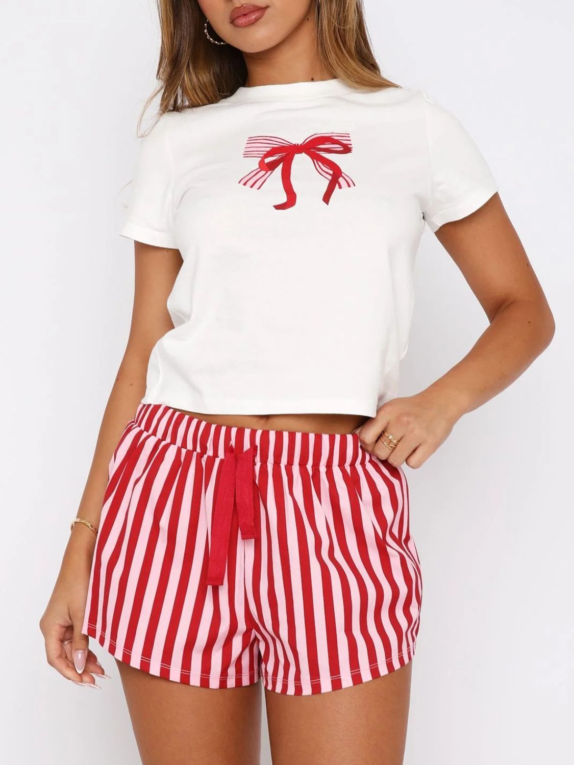 LIZAKOSHT  -  Printed Round Neck Short Sleeve Top and Drawstring Shorts Set