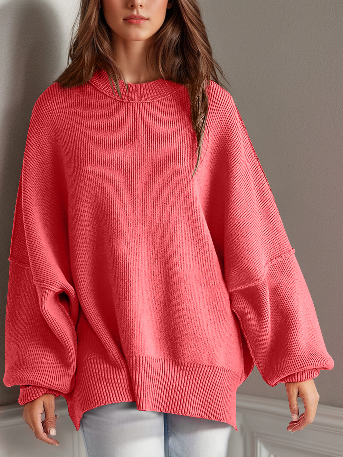 LIZAKOSHT  -  Double Take Side Slit Round Neck Long Sleeve Sweater