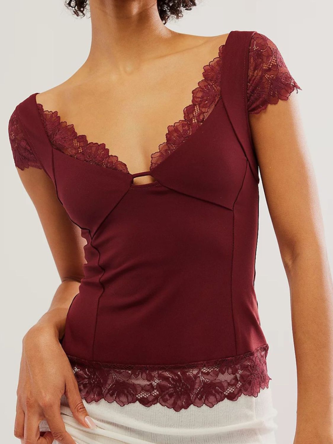 LIZAKOSHT  -  Lace Detail V-Neck Cap Sleeve Top