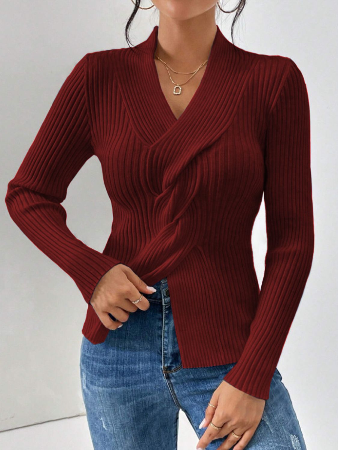 LIZAKOSHT  -  Twist Front Ribbed Long Sleeve Sweater