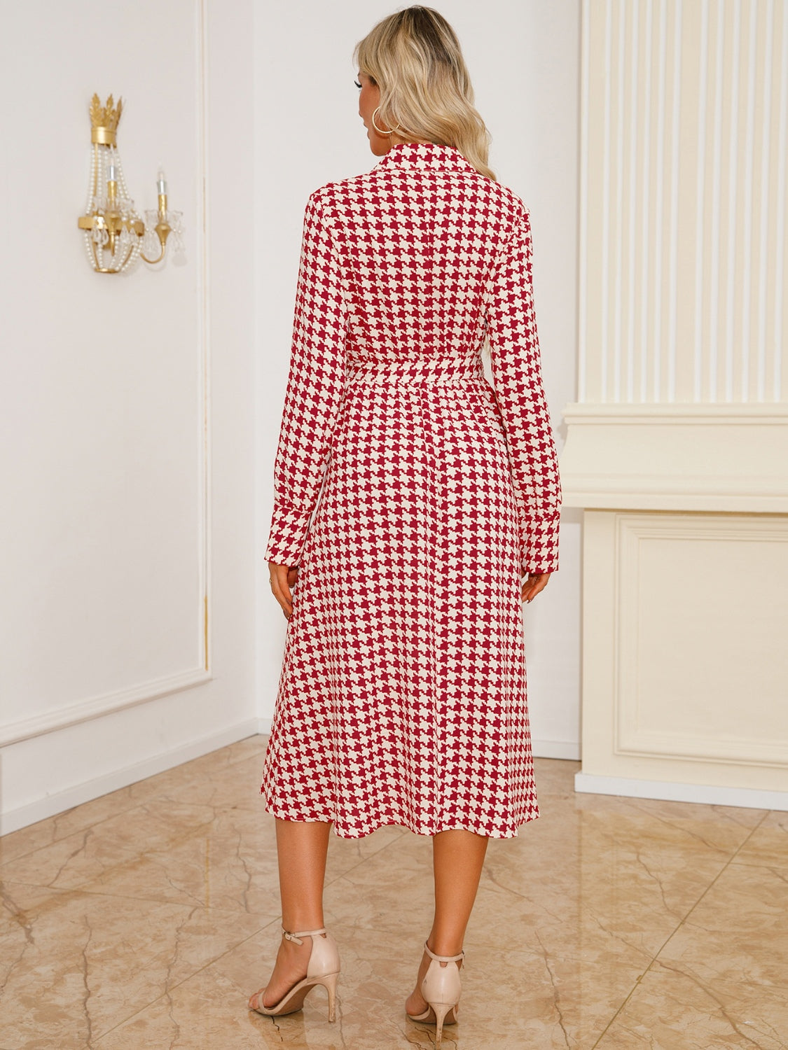 LIZAKOSHT  -  Tied Houndstooth Long Sleeve Midi Dress