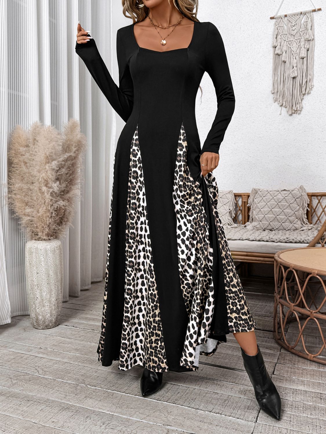 LIZAKOSHT  -  Perfee Leopard Square Neck Long Sleeve Maxi Dress