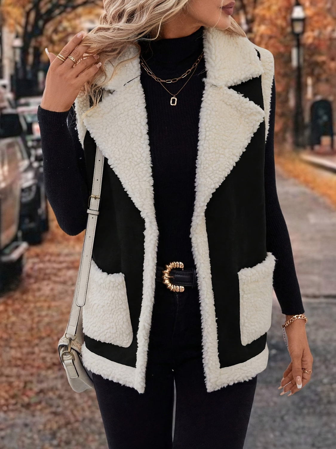 LIZAKOSHT  -  Full Size Contrast Open Front Sherpa Vest Coat