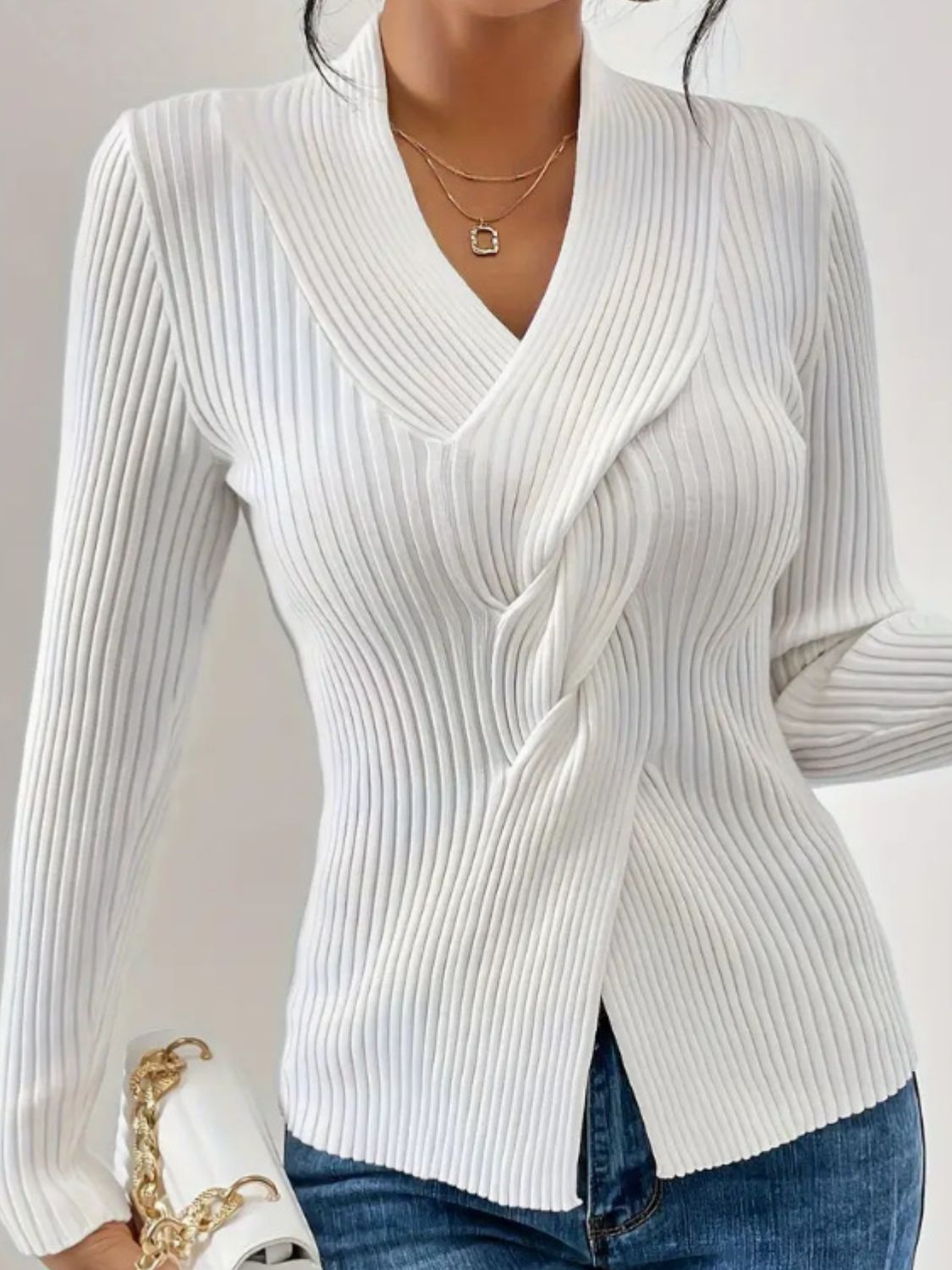 LIZAKOSHT  -  Twist Front Ribbed Long Sleeve Sweater