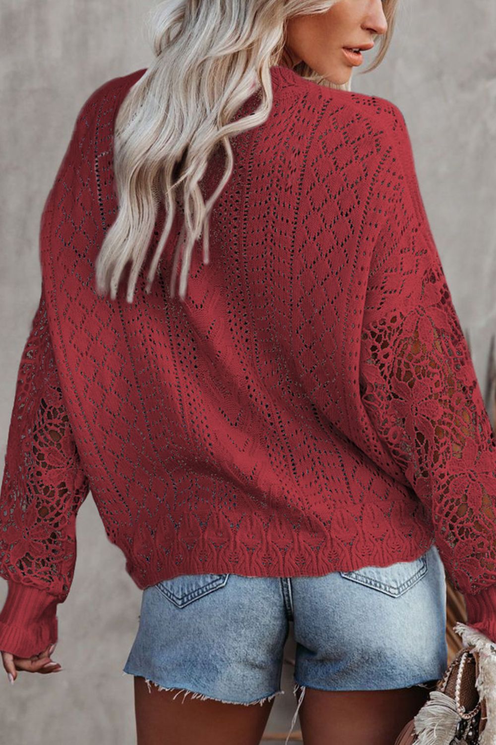 LIZAKOSHT  -  Openwork Round Neck Long Sleeve Sweater