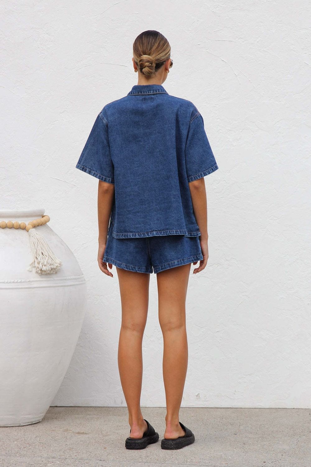 LIZAKOSHT  -  Collared Neck Button Up Top and Shorts Denim Set