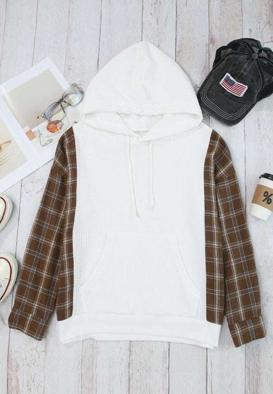 LIZAKOSHT  -  Waffle Knit Plaid Long Sleeve Kangaroo Pocket Hoodie