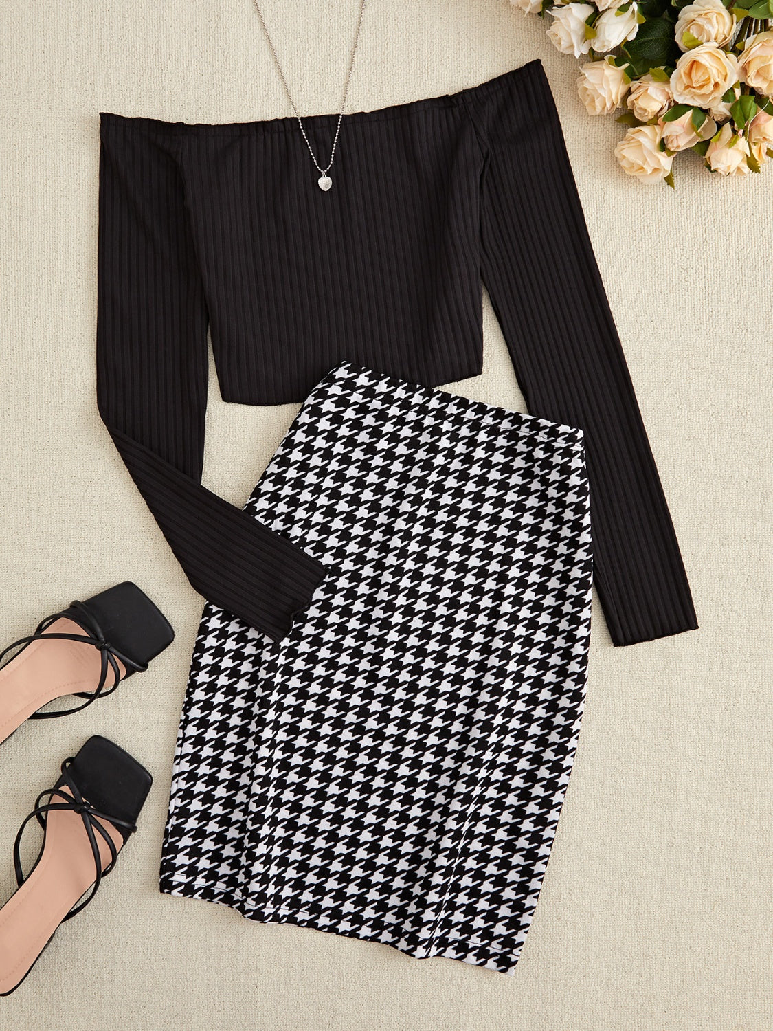 LIZAKOSHT  -  Off-Shoulder Long Sleeve Top and Houndstooth Skirt Set