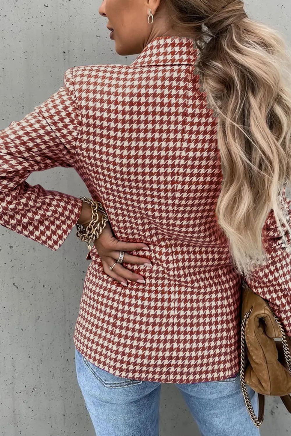 LIZAKOSHT  -  Houndstooth Collared Neck Double-Breasted Blazer