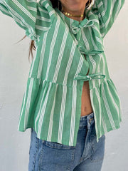 LIZAKOSHT  -  Tied Round Neck Balloon Sleeve Shirt