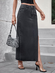 LIZAKOSHT  -  Slit Midi Denim Skirt with Pockets