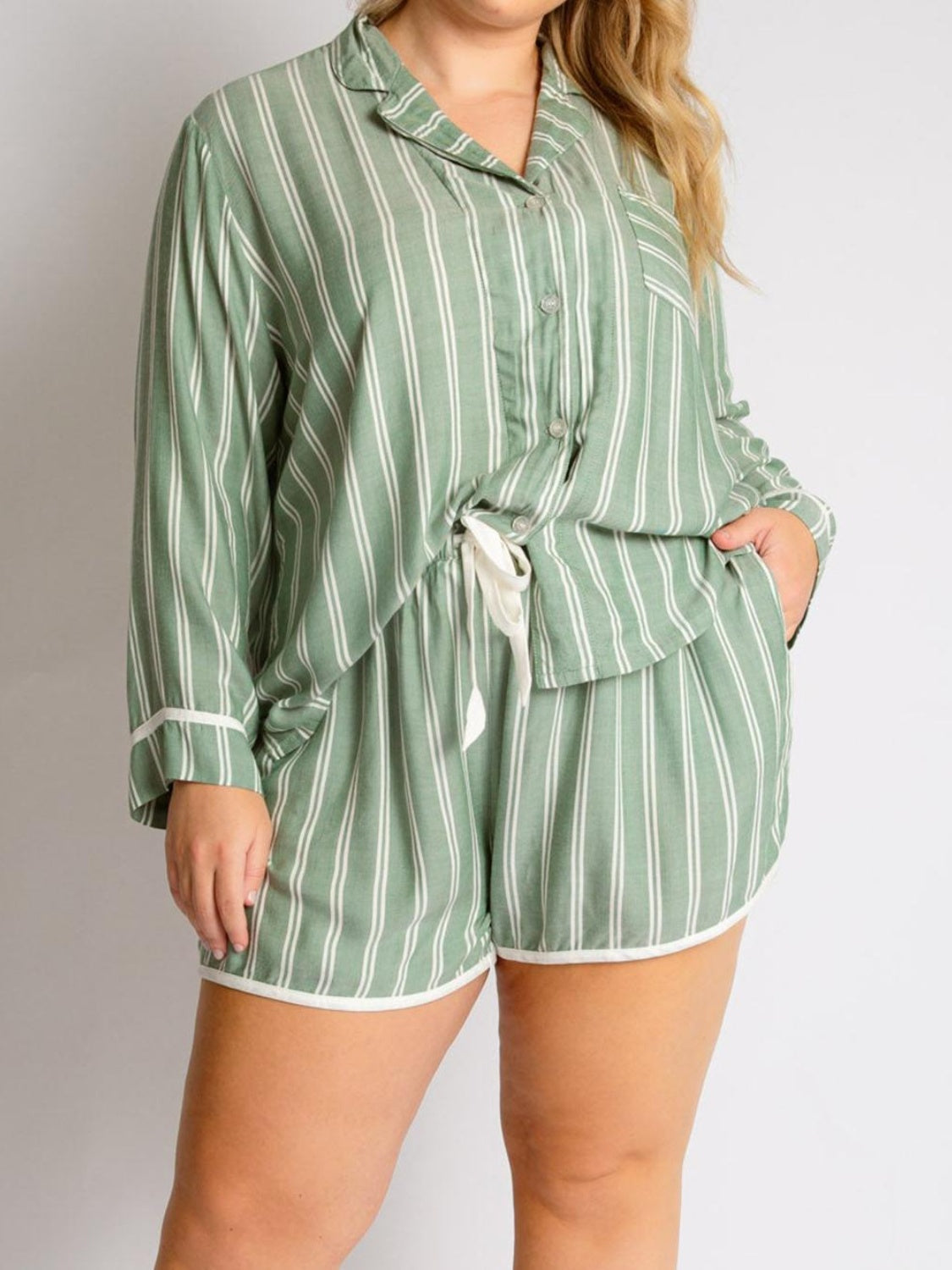 LIZAKOSHT  -  Striped Collared Neck Long Sleeve Top and Shorts Lounge Set