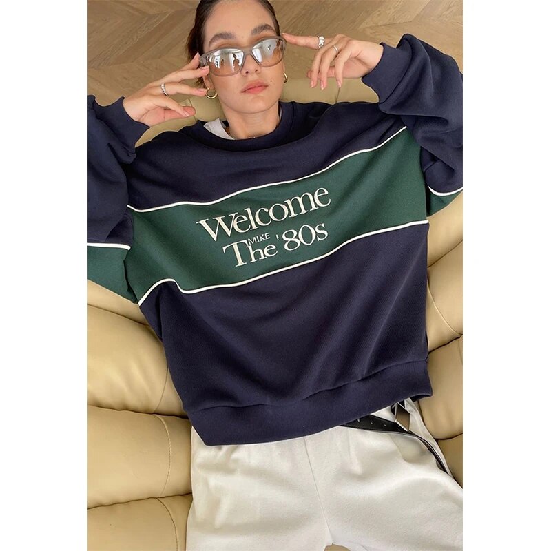 Lizakosht Streetwear Sweatshirt Women Oversized Letter Print Pullovers Vintage Korean Patchwork Loose Casual All Match Hoodies Tops