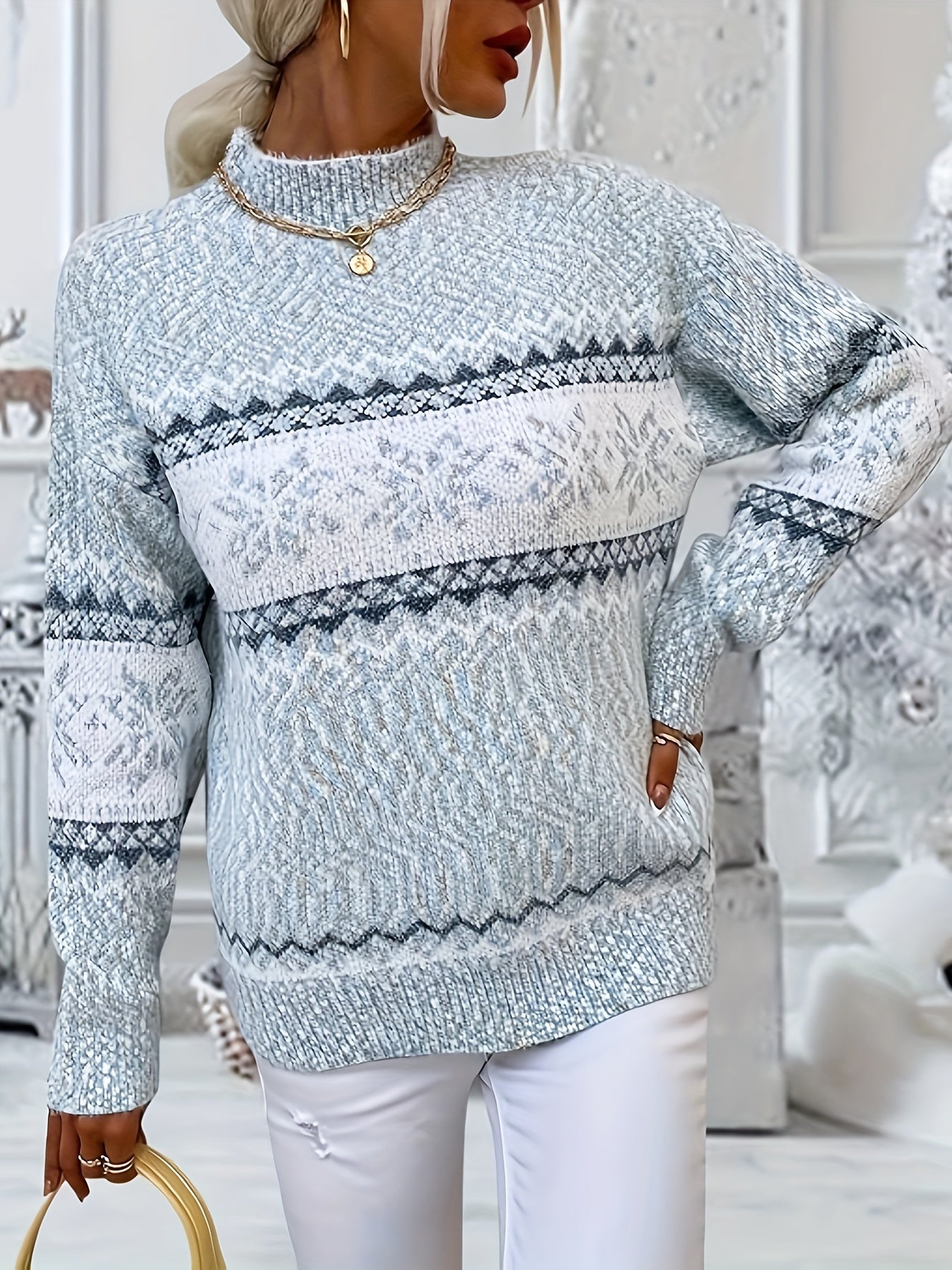 Lizakosht Christmas Snowflake Print Half Turtleneck Sweater, Casual Fall Winter Knit Top, Women's Clothing