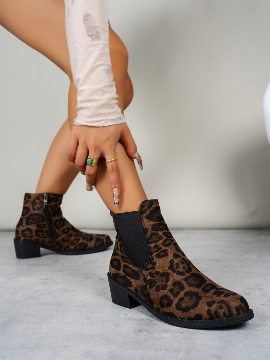 LIZAKOSHT  -  Leopard Point Toe Block Heel Boots