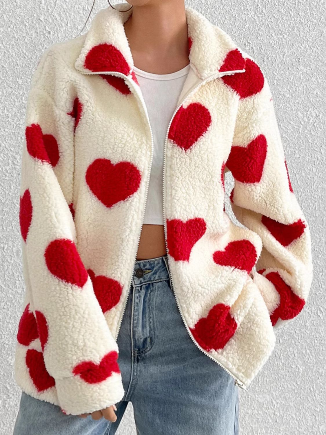 LIZAKOSHT  -  Heart Zip Up Drop Shoulder Furry Jacket