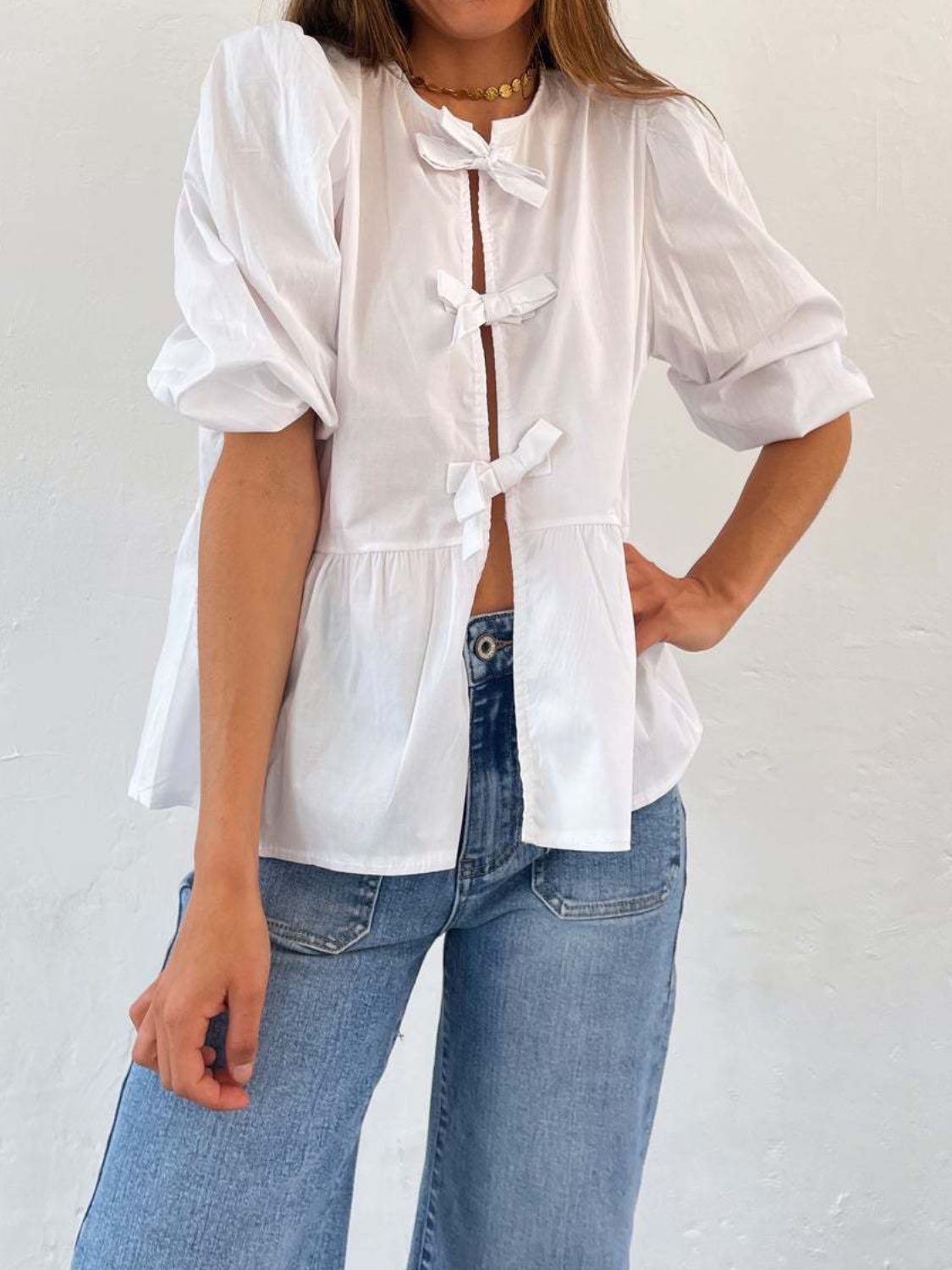 LIZAKOSHT  -  Tied Round Neck Balloon Sleeve Shirt