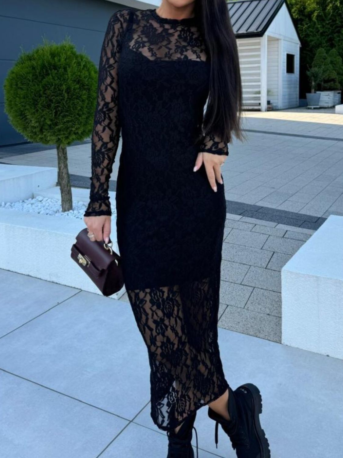 LIZAKOSHT  -  Lace Round Neck Long Sleeve Midi Dress