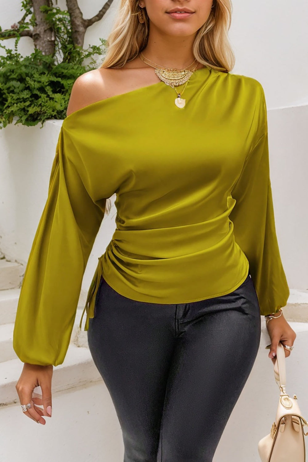 LIZAKOSHT  -  Drawstring One Shoulder Long Sleeve Blouse