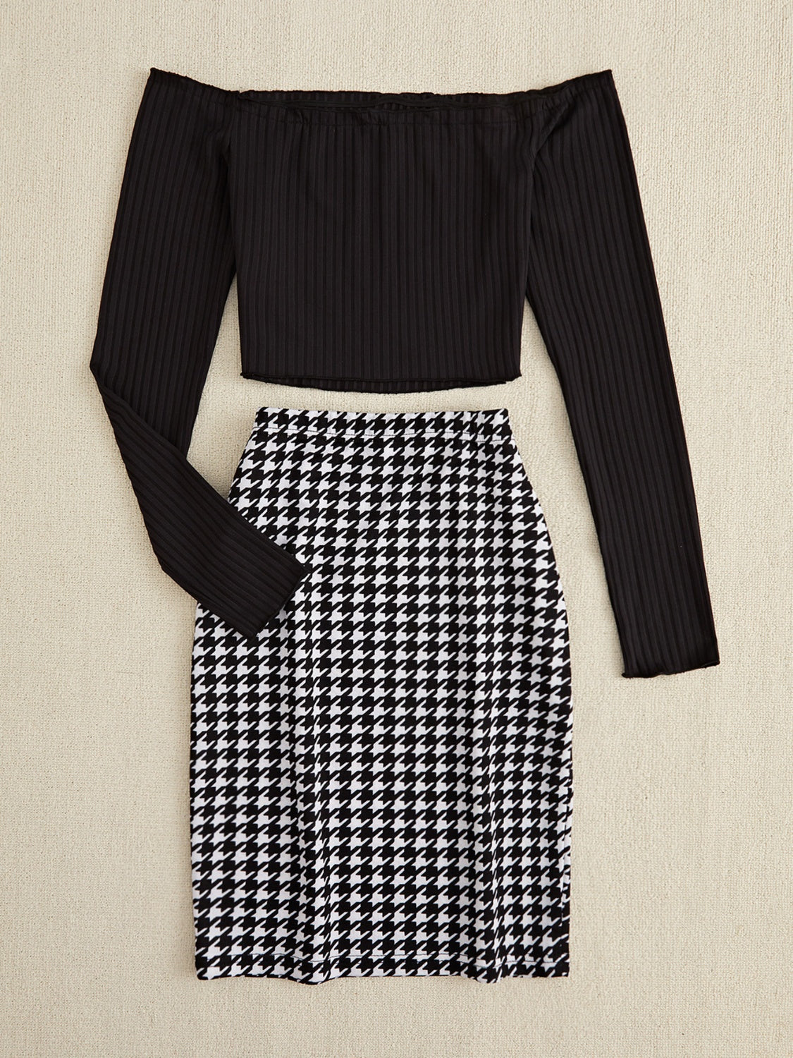 LIZAKOSHT  -  Off-Shoulder Long Sleeve Top and Houndstooth Skirt Set