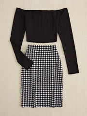 LIZAKOSHT  -  Off-Shoulder Long Sleeve Top and Houndstooth Skirt Set