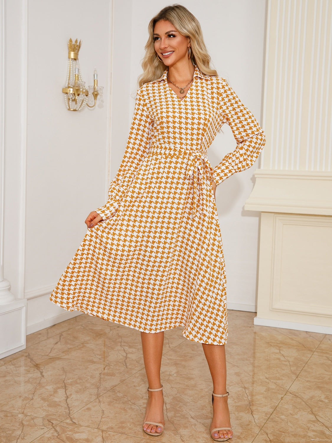 LIZAKOSHT  -  Tied Houndstooth Long Sleeve Midi Dress