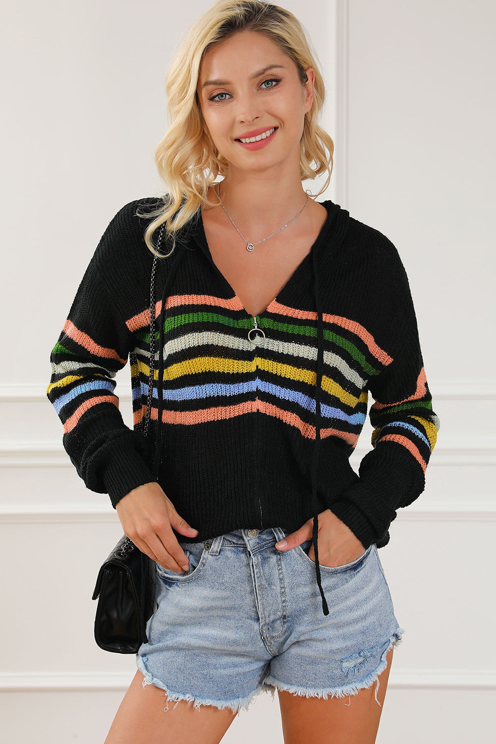 LIZAKOSHT  -  Striped Zip Up Hooded Sweater Cardigan