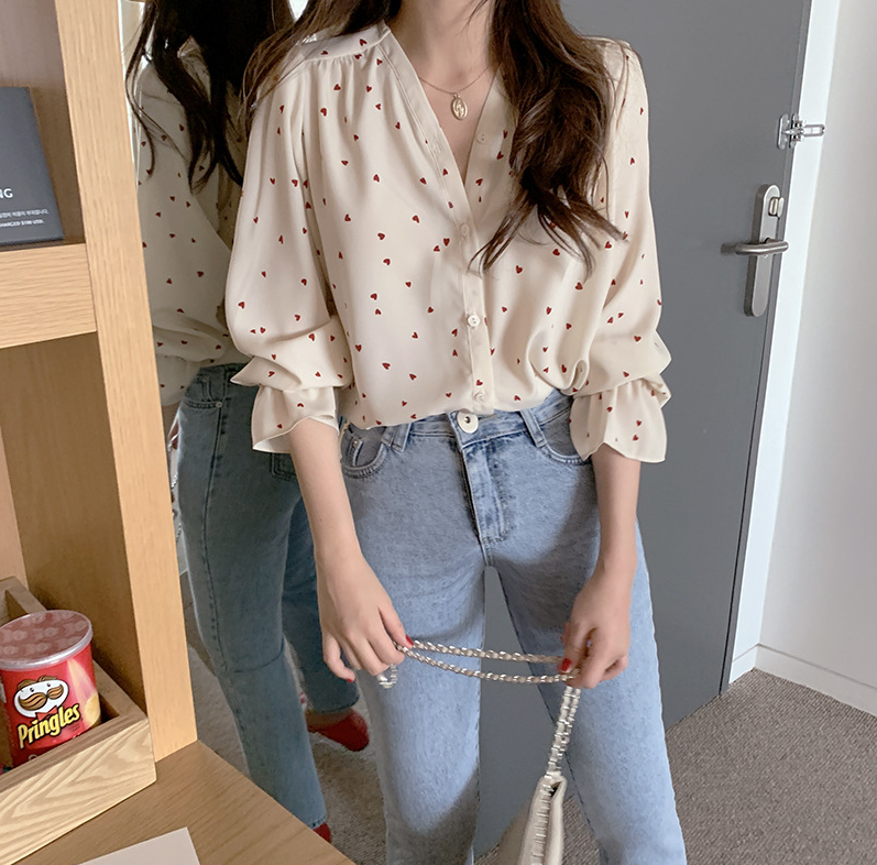 Spring Women Chiffon Shirt Korean Fashion Long Sleeve White Shirts Women Streetwear Office Blouse Elegant Lady Heart Print Tops