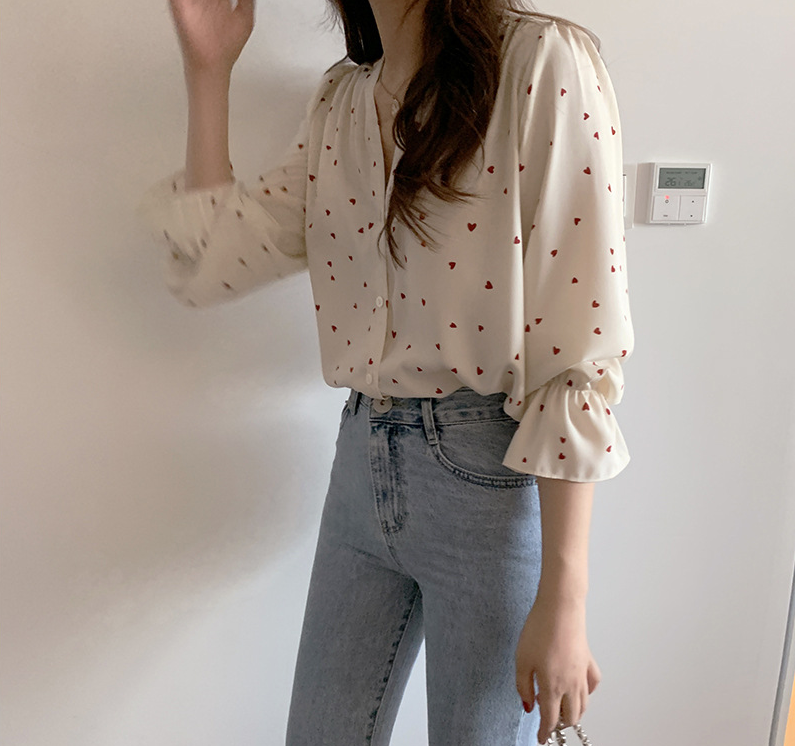 Spring Women Chiffon Shirt Korean Fashion Long Sleeve White Shirts Women Streetwear Office Blouse Elegant Lady Heart Print Tops