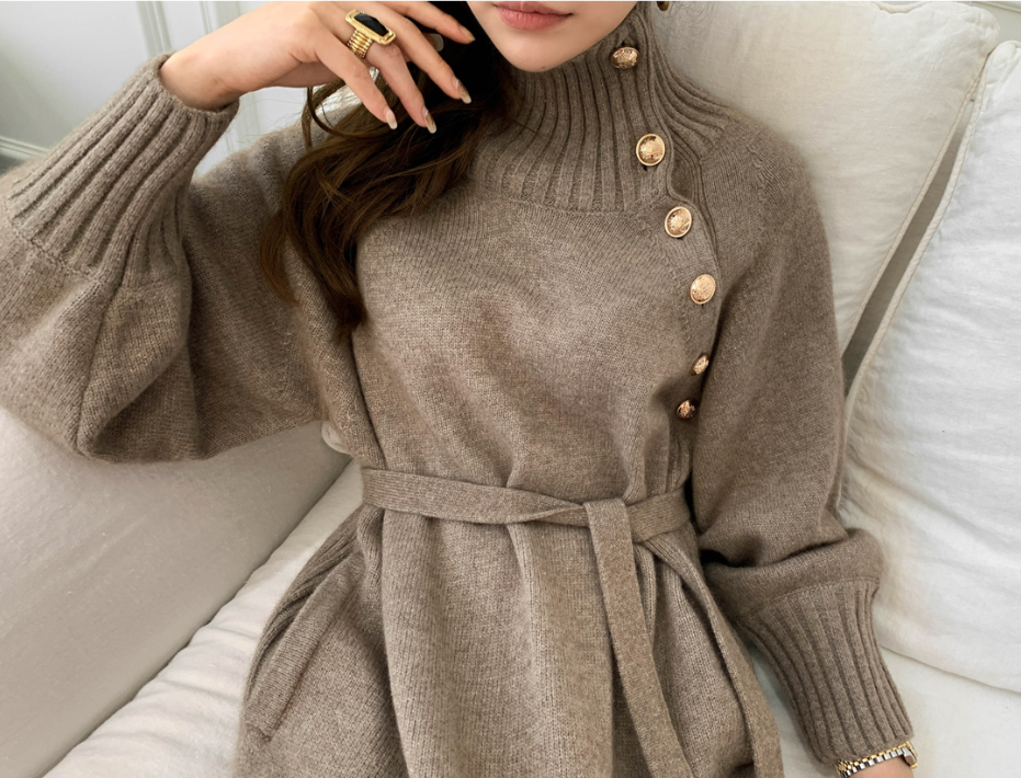 Korean Autumn Winter Retro Button Two-wear Sweater Dress Waist Knitted Dress Women Solid Color Fashion Turtleneck Long Sleeve