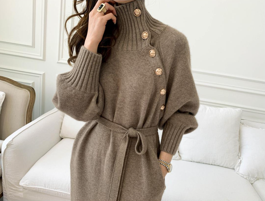 Korean Autumn Winter Retro Button Two-wear Sweater Dress Waist Knitted Dress Women Solid Color Fashion Turtleneck Long Sleeve