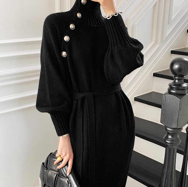 Korean Autumn Winter Retro Button Two-wear Sweater Dress Waist Knitted Dress Women Solid Color Fashion Turtleneck Long Sleeve