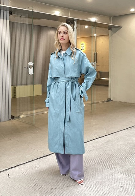 Lizakosht 2023 Autumn New design Runway Designer Leather Maxi Long Trench Coat With Belt Chic Female PU Windbreaker Classic