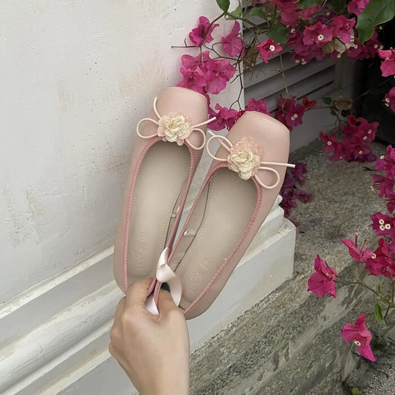 Lizakosht Classic Ballet Shoes Silk Ribbon Lace Up Ballet Shoes Women Square Toe Narcissus Flower Elegant Valentine Flats Pink Green