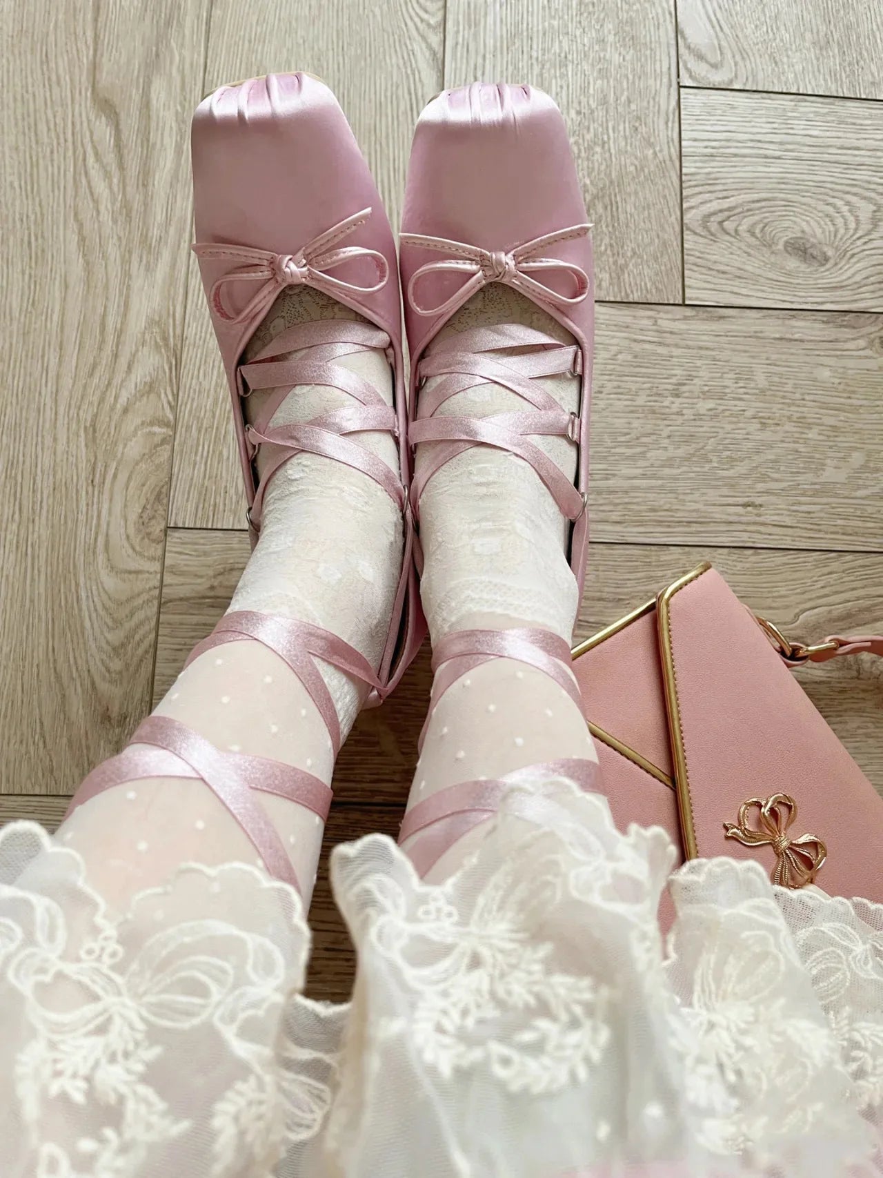 Lizakosht NEW Lolita Classic Pink Silk Ballet Shoes Lace Up Young Girl Ballet Shoes Women Bowtie Thick Heel Elegant Valentine Shoes