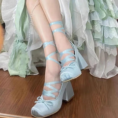 Lizakosht NEW Lolita Classic Pink Silk Ballet Shoes Lace Up Young Girl Ballet Shoes Women Bowtie Thick Heel Elegant Valentine Shoes