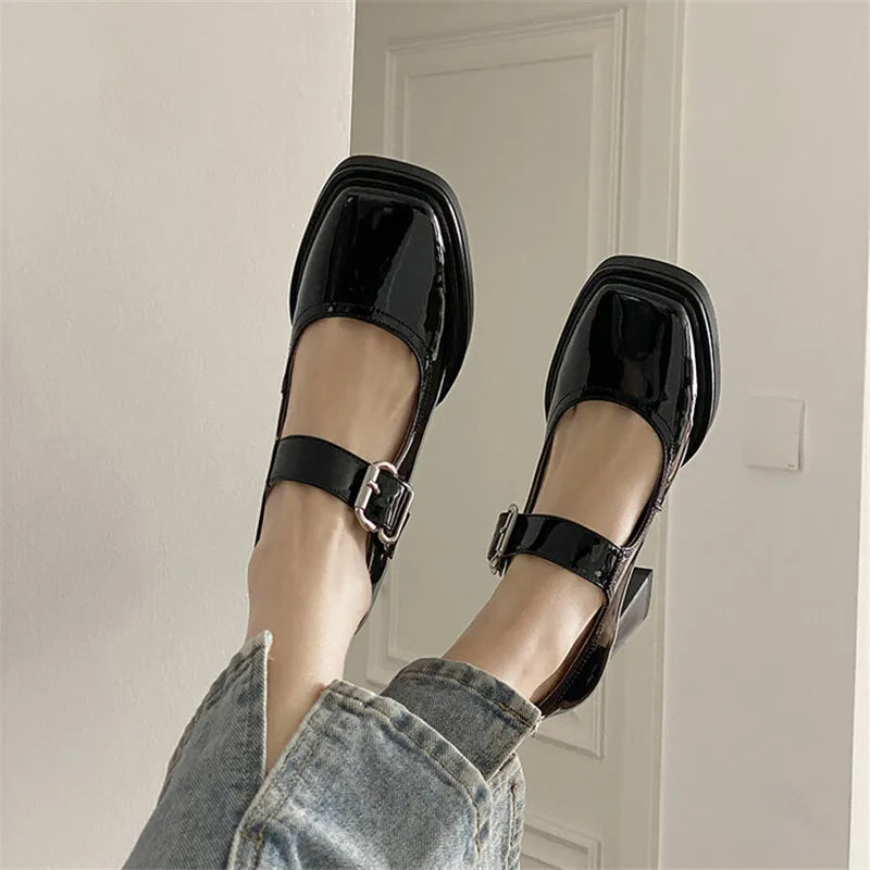 Lizakosht New Spring Women Shoes Leather Shoes Women Pumps Square Toe Thick Heel  Women Mary Janes Shoes Loafers Women High Heels