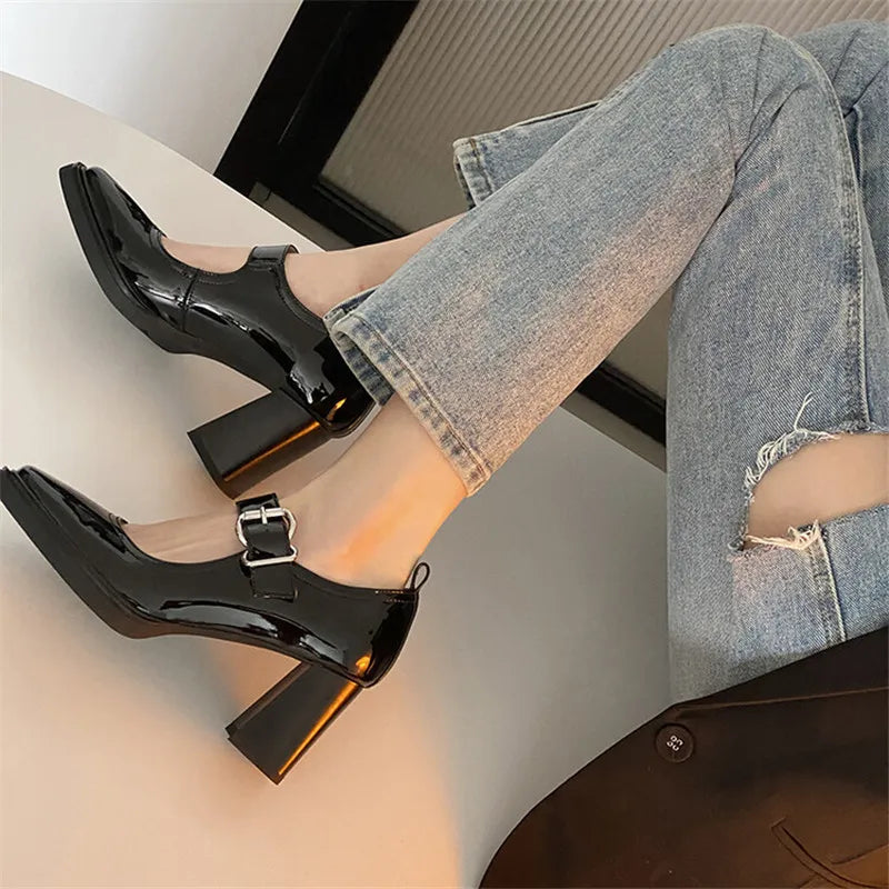 Lizakosht New Spring Women Shoes Leather Shoes Women Pumps Square Toe Thick Heel  Women Mary Janes Shoes Loafers Women High Heels