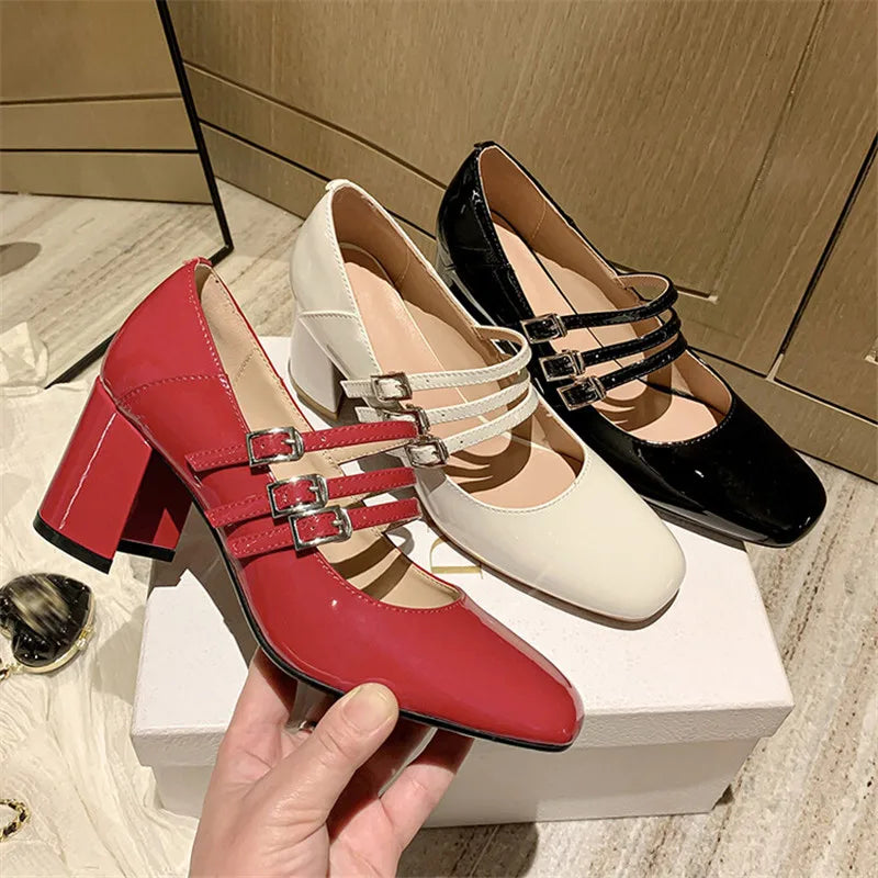 Lizakosht Spring/summer Mary Jane Shoes Patent Leather Woman Shoes Square Toe Thick Heel Shoes Women Buckle Strap High Heels Pumps