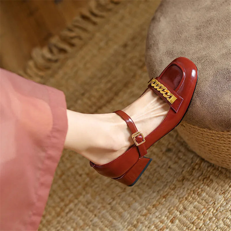 Lizakosht Spring/summer Mary Jane Shoes Women Shoes Cow Leather Square Toe Casual Women Pumps Handmade Shoes for Women Chunky Heels