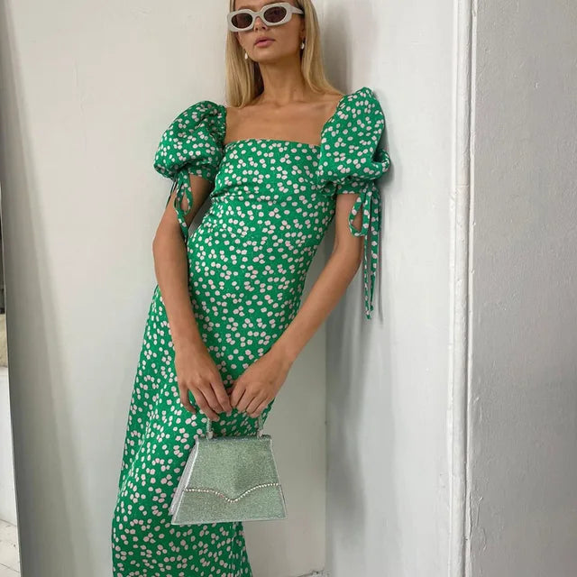 Lizakosht Summer  Bodycon Print Women'S Dress Slim Square Collar Short Sleeve Midi Dresses Elegant Classic Party Dress Female