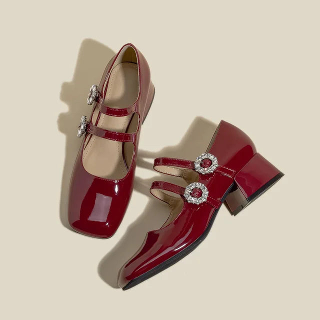 Lizakosht 2024 New Spring Flats Fashion Mary Jane Shoes Square Toe Women's Shoes Retro Rhinestone Buckle PU Wine Red Women Pumps