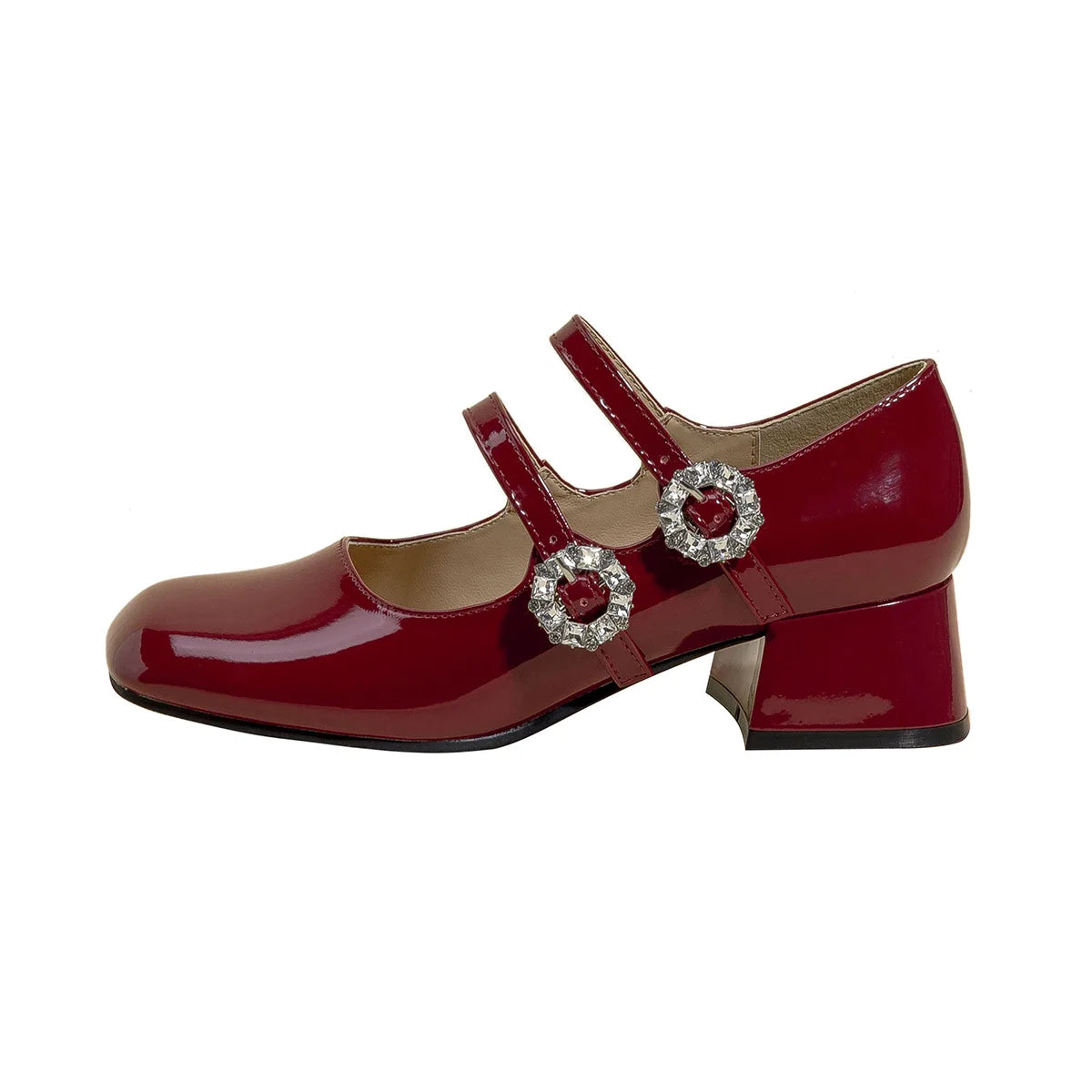 Lizakosht 2024 New Spring Flats Fashion Mary Jane Shoes Square Toe Women's Shoes Retro Rhinestone Buckle PU Wine Red Women Pumps