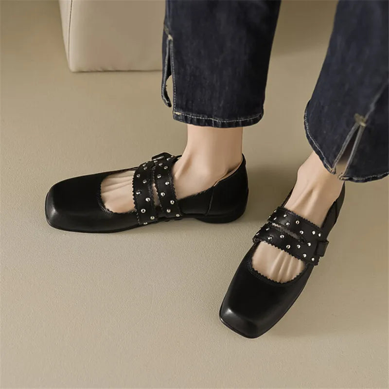 Lizakosht 2024 New Spring Split Leather Women Shoes Square Toe Women Pumps Mary Jane Shoes for Women Zapatos De Mujer Rivet Ladies Shoes