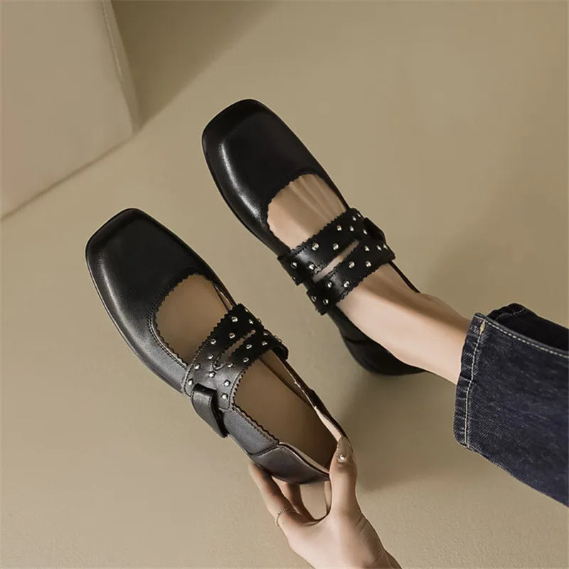 Lizakosht 2024 New Spring Split Leather Women Shoes Square Toe Women Pumps Mary Jane Shoes for Women Zapatos De Mujer Rivet Ladies Shoes