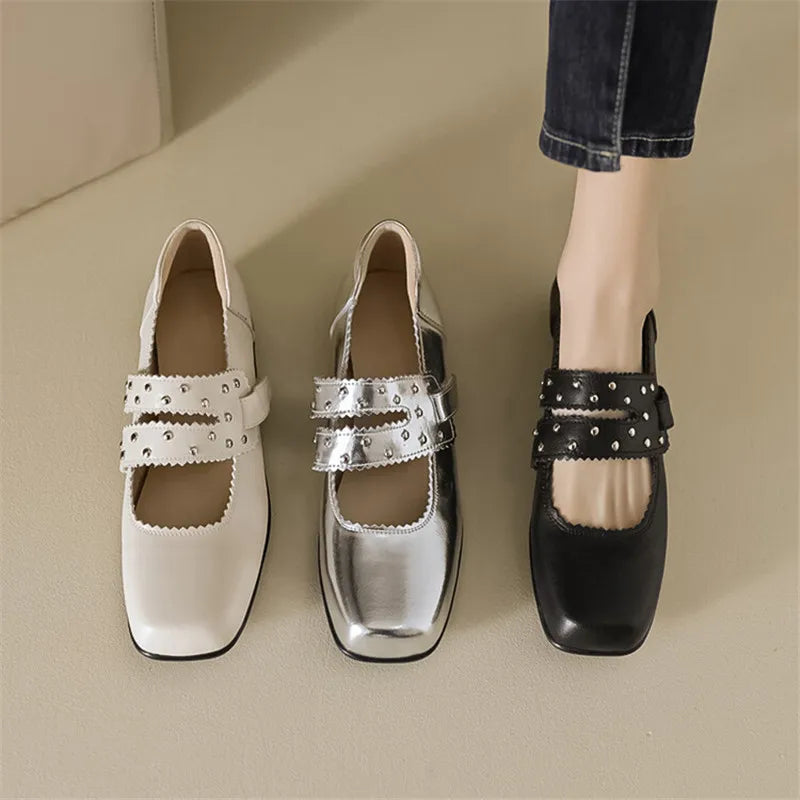 Lizakosht 2024 New Spring Split Leather Women Shoes Square Toe Women Pumps Mary Jane Shoes for Women Zapatos De Mujer Rivet Ladies Shoes